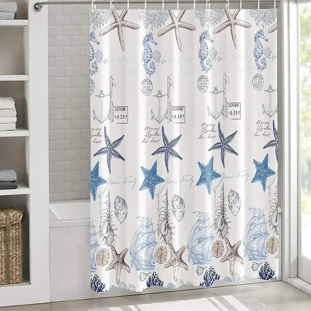 Coastal Shower Curtain for Bathroom Underwater World Marine Life Print Bath...